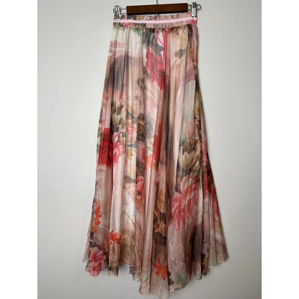 Afibi Floral Maxi Skirt Small Watercolor Romantic Fairy Flowy Ethereal Sheer - Picture 2 of 8